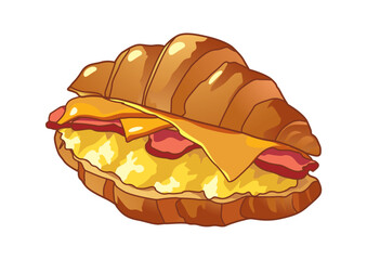 Savory illustration of a croissant sandwich filled with fluffy eggs, cheese, and crispy bacon, perfect for breakfast or brunch. Food concept