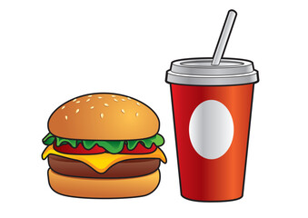 Colorful illustration of a juicy hamburger topped with cheese, lettuce, and tomato alongside a refreshing soft drink in a cup. Fast food concept