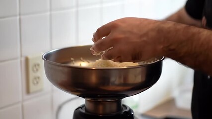 A Chef's Hands Rinsing White Rice Grains in Clear Water with Stainless Steel Bowl Against White Tiled Wall Perfect for Culinary Education Cooking Demonstration and Food Preparation with Neutral