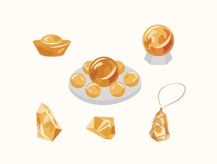 Set of Citrine. Yellow Crystal of different forms isolated on white background.