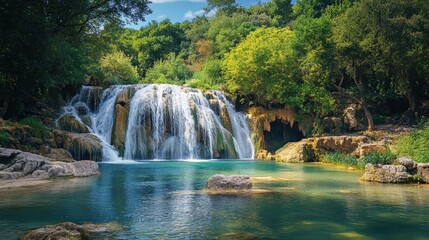 Fototapeta premium Long exposure image of a wonderful waterfall. Tortum Waterfall morning view. Uzundere, Erzurum, Turkey