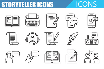 Set of Storyteller Icons Representing Communication and Writing Tools