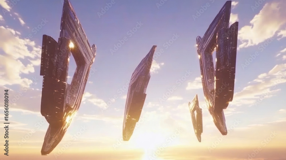 Poster mysterious alien artifacts floating in a surreal sky during a colorful sunset