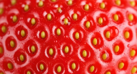 Close-up view of a strawberry's textured surface, showcasing tiny seeds.