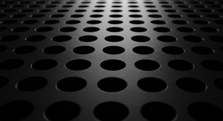 Dark metallic surface with regularly spaced circular perforations, perspective view.
