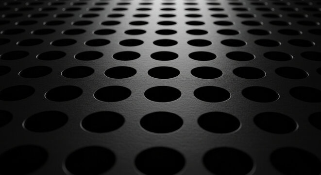 Dark metallic surface with regularly spaced circular perforations, perspective view.