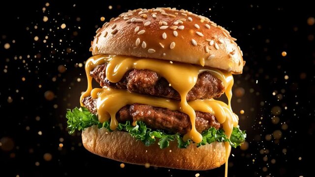 Juicy double cheeseburger with melted cheese dripping enticingly. Dark background creating focus on fresh ingredients and appetizing layers. Concept of fast food, indulgence, culinary delight