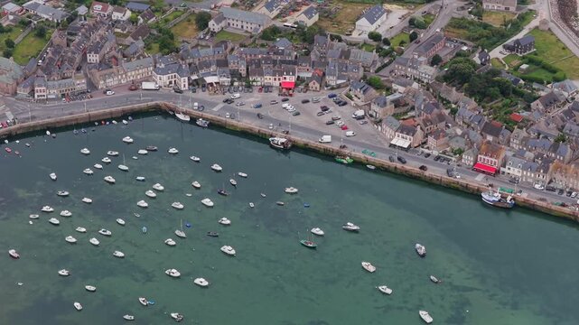 Aerial view of the Village of Barfleur in Normandy and the beautiful coastline of the Cotentin Peninsula 