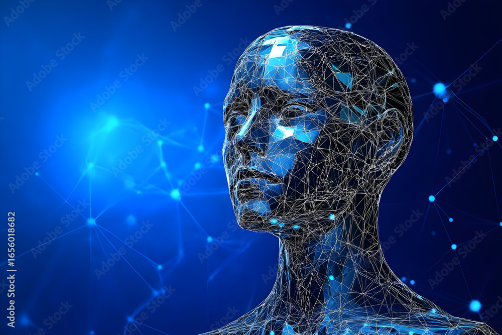 Poster abstract representation of a female artificial intelligence head. digital network connection and big