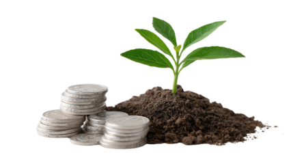 A young plant grows from a mound of soil surrounded by coins, symbolizing financial growth and sustainability.