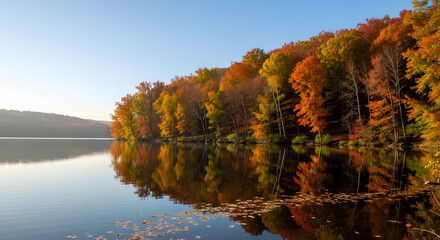 Serene lake view mirroring a vibrant autumn forest under a clear sky, showcasing nature's artistry through colorful foliage reflections and calm waters at daylight scene reflecting picturesque