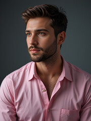 Obraz premium Man in a pink shirt with a sidelong glance.