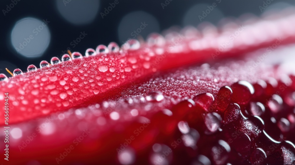 Aufkleber close-up macro showing raspberry skin texture, frozen dew and fine surface hairs under precise light