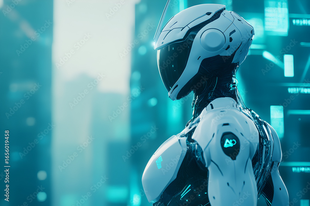 Poster Futuristic robot or cyborg looking into bright light. Artificial intelligence and machine learning concept. White android in modern world.