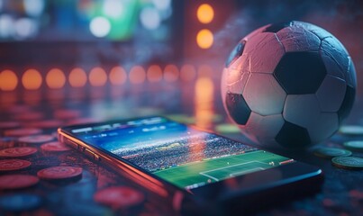 Virtual sports betting on soccer, with a smartphone, currency, and soccer ball, representing the excitement and evolving nature of online sports betting, Generative AI
