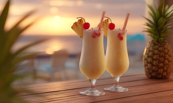 create this traditional puero rico drinks. Pi&ntilde;a coladas and rum glasses on a beach bar at sunset