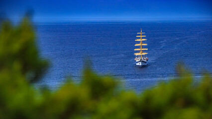 Sailboat landscape along the Corsican coast in France
