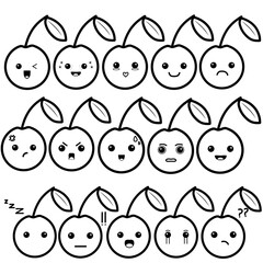 Cute cherry doodle character with various expressions and highlighted heart eyes, an outline black and white illustration set for stickers, emoji, and coloring books.