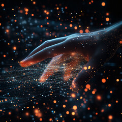 A hand reaching out amidst a network of glowing particles and interconnected lines in a dark environment