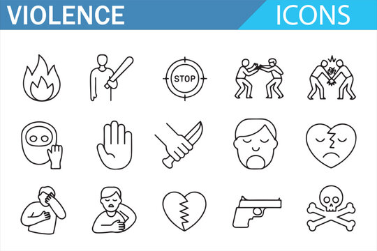Icons representing various forms of violence including weapons, fire, and physical conflict.
