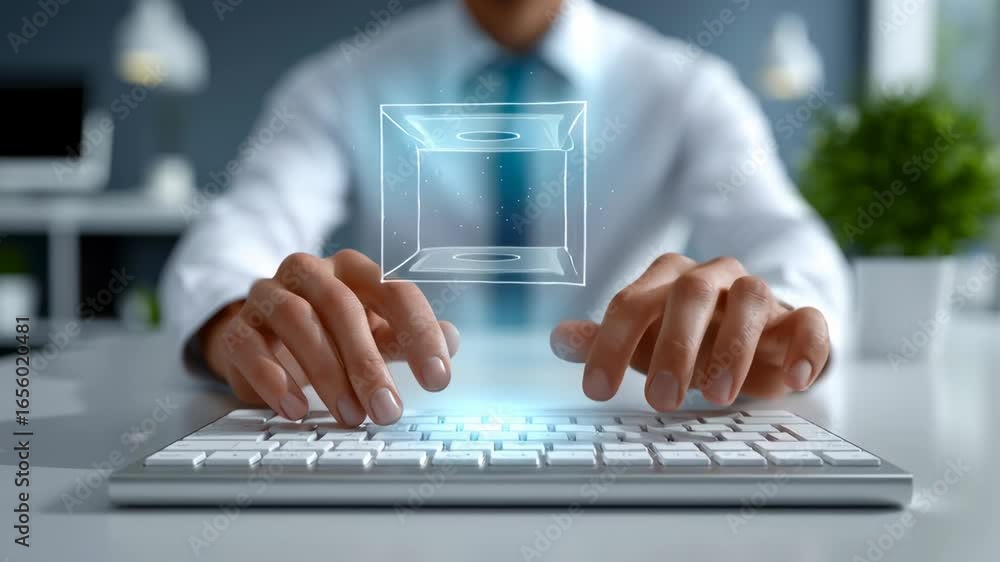 Poster Individual typing on keyboard while a holographic display emerges, emphasizing advanced technology integration in workspace. Bright office with modern decor