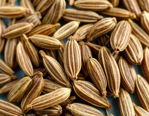 Fototapeta premium Macro photo of cumin seeds scattered across a smooth deep teal surface