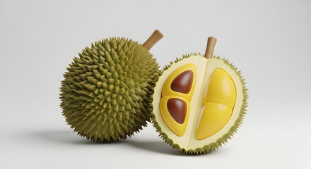 Vibrant Durian Fruit Displaying its Characteristic Spiky Green Shell and Rich Yellow Pulp, A Pungent Yet Prized Tropical Culinary Experience on a Clean White Surface