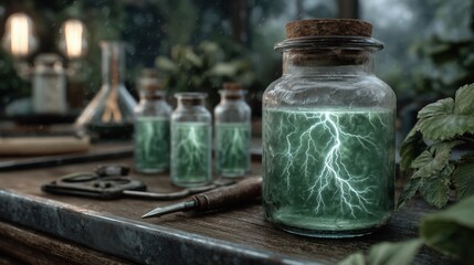 Eerie laboratory with scattered vintage tools on table. Glowing green liquid pulses with electric charge inside glass vials sealed with cork. Dim atmospheric lighting with bolts of energy flickering