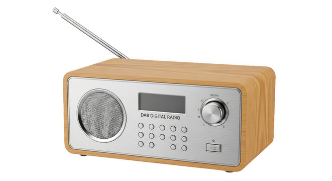 Wooden dab digital radio with antenna isolated on transparent background