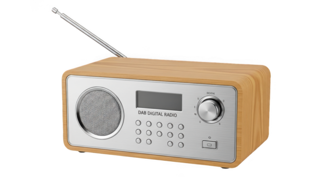 Wooden dab digital radio with antenna isolated on transparent background