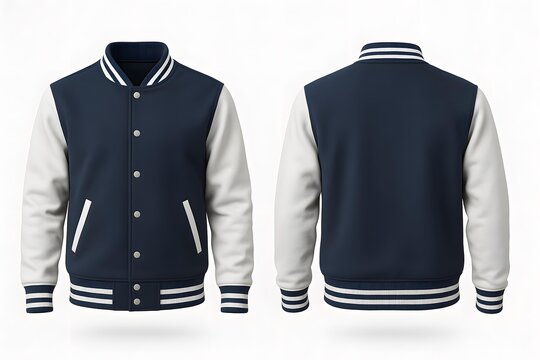 Navy Blue Varsity Jacket Mockup Front and Back | Clean Realistic College Bomber Outerwear Template for Fashion Merchandise