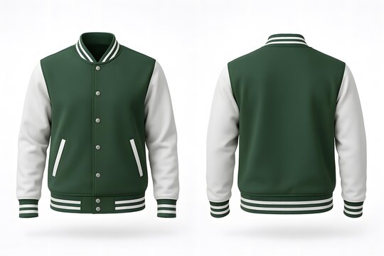 Green Varsity Jacket Mockup Front and Back | Realistic College Bomber Outerwear Template for Apparel, Branding, and Fashion