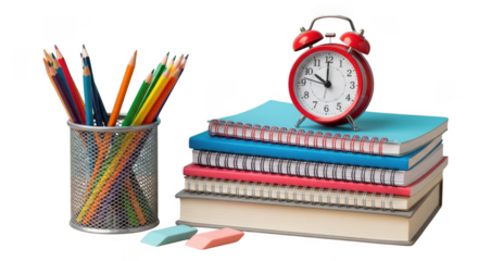 Stack of books with a red alarm clock and pencils isolated on transparent background
