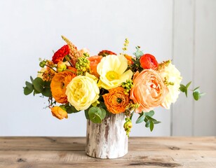 Vibrant autumnal floral arrangement in a rustic vase