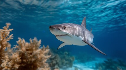 Fototapeta premium A powerful shark glides through vibrant coral formations in tranquil blue waters.