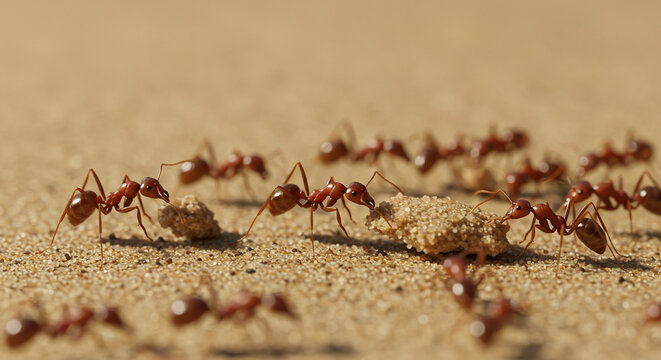 Close-up view of several red ants working together, carrying food on a sandy surface.
