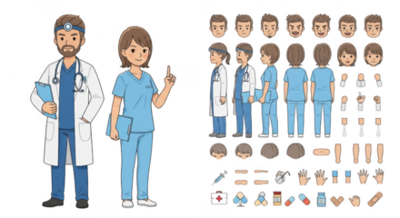 Cartoon doctor and nurse characters with interchangeable parts and accessories isolated on transparent background