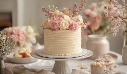 Simple wedding cake with soft pastel floral topper on elegant white table setting surrounded by delicate vases of fresh flowers and sweet treat boxes