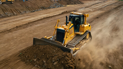Bulldozer at Work: A powerful yellow bulldozer, a symbol of industrial might, is at work on a vast construction site. The machinery is actively pushing earth and debris across the frame.