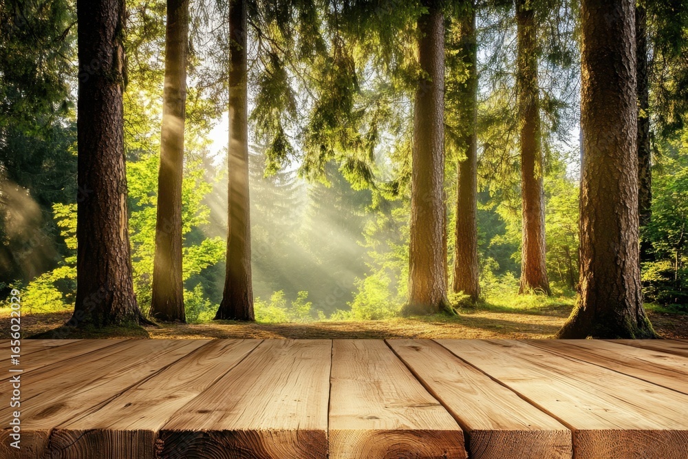 Poster sunlight filtering through trees in a serene forest setting during the morning
