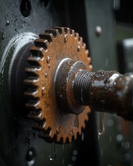 Close-up of a water-covered industrial gear, highlighting the interplay of machinery and liquid in manufacturing processes.