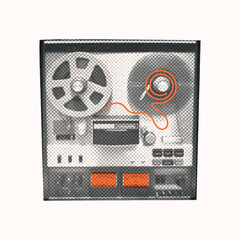 Vintage retro music halftone cassette recorder. Karaoke collage with audio equipment. Nostalgic grunge element of photocopy effect for sing poster, podcast, party. Trendy dotted isolated vector illust