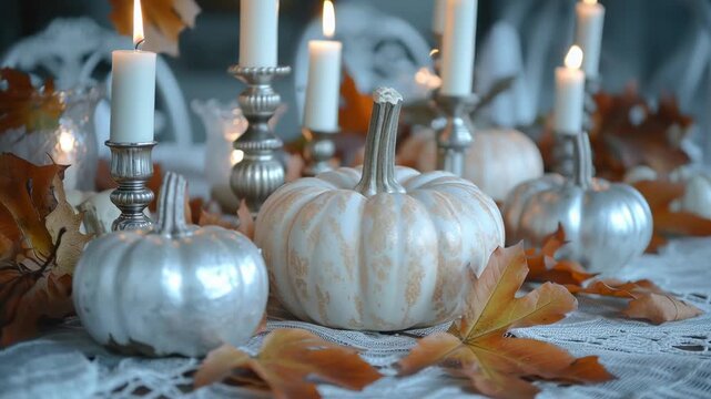 White pumpkins and silver candles arranged on lace tablecloth create rustic chic Halloween ambiance. Cozy indoor setting with autumn leaves scattered