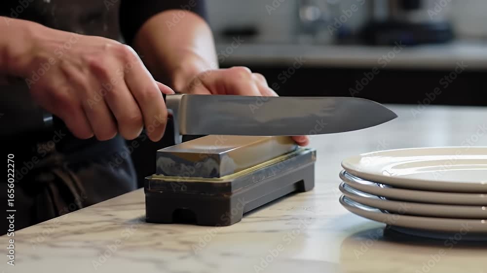 Poster a cook sharpens a knife on a whetstone with precise motions on marble countertop with stacked white 