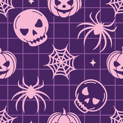 Pink Halloween pumpkins spiders and skulls seamless pattern on purple grid vector