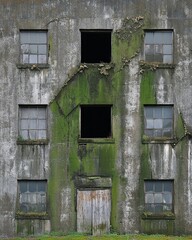 Decaying industrial building with moss-covered walls, broken windows, and a weathered wooden door.