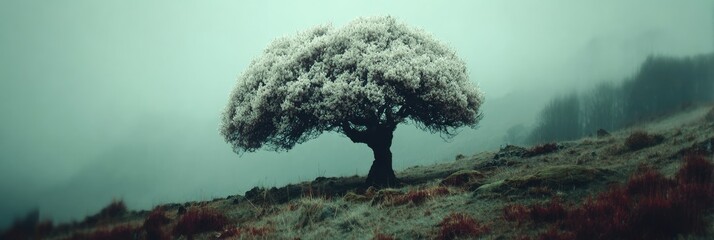 Majestic, frosted tree in a misty landscape