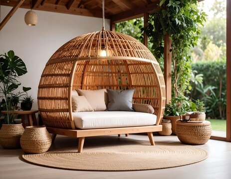 Relaxing wicker daybed in a covered patio