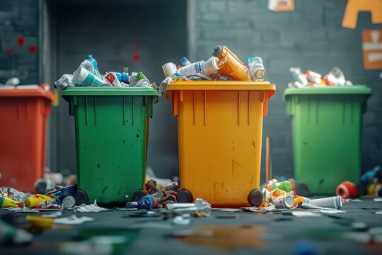 Colorful bins overflowing with plastic waste
