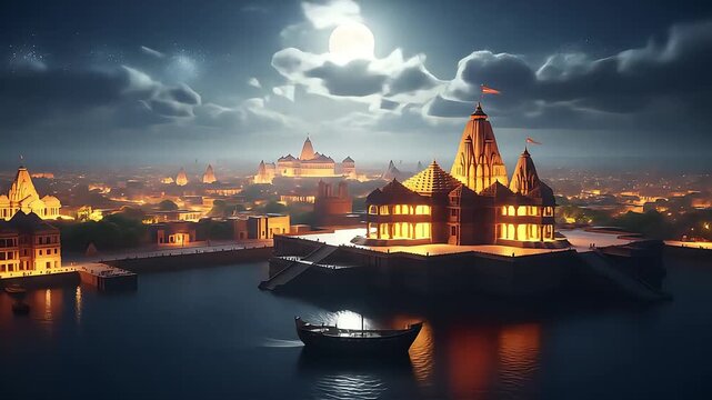 Nighttime view of dwarka city illuminated temples architecture and reflections on the water for travel stock photography